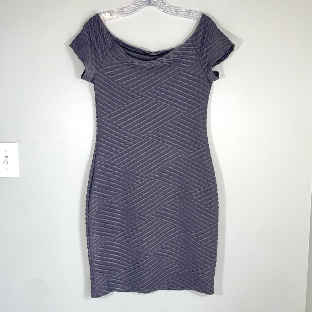 Brat Star Textured Bodycon Mini Dress Grey Y2K Cap Sleeve